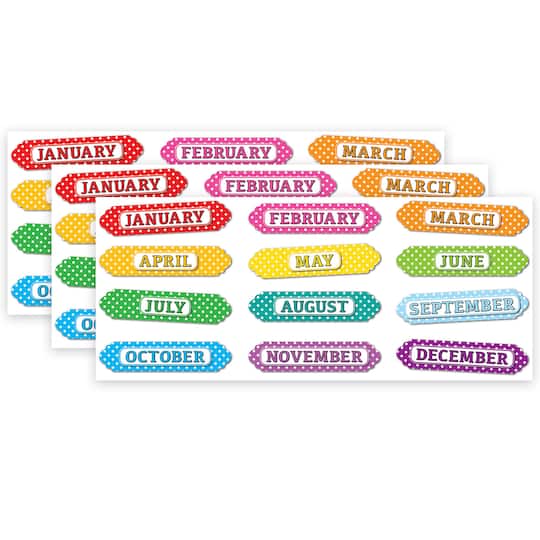 Ashley Productions Months of the Year White Polka Dots Magnetic Die-Cut Timesavers &#x26; Labels, 3 Packs of 12